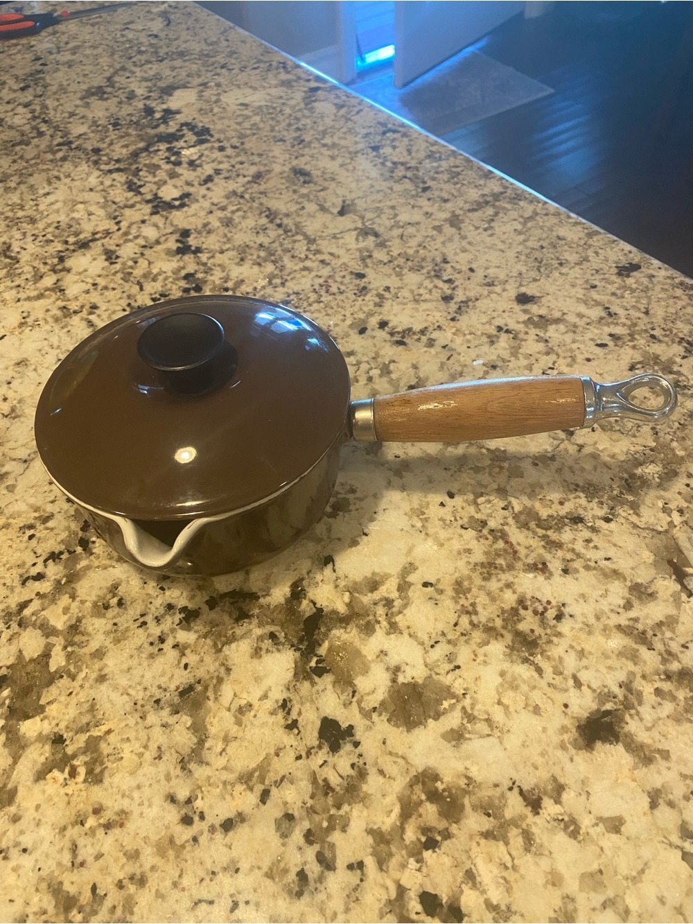Le Creuset Brown Enamel Saucepan with Wood Handle and Lid